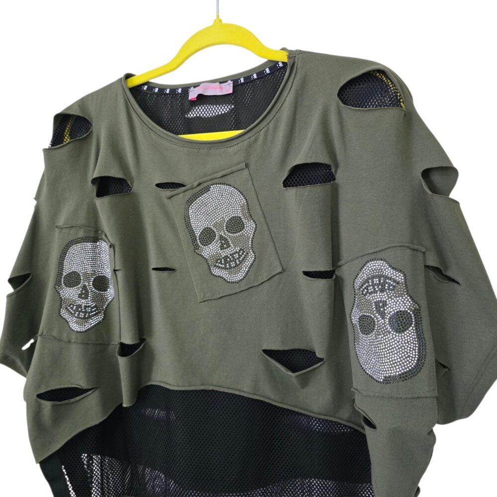 Ré Design Army Green & Black Grunge Goth Mesh Shirt w/ Rhinestone Skulls Size M - Picture 2 of 6